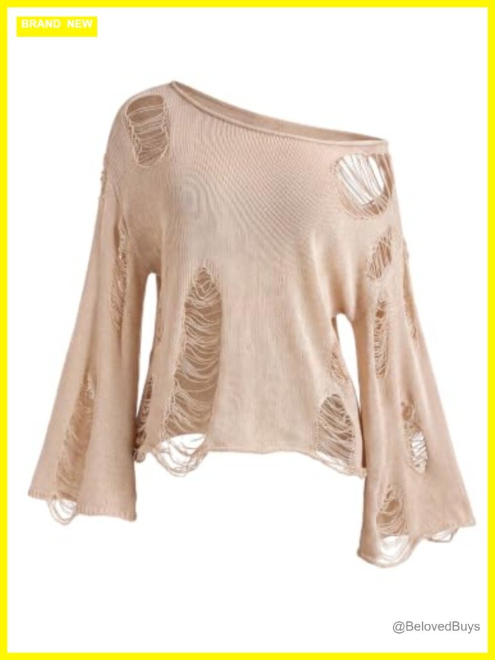 Women's Off Shoulder Ripped Knit Pullover Sweater Grunge Y2K Distressed Bell
